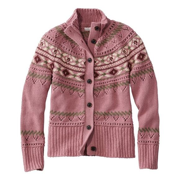 NWT L.L. Bean Signature Cotton Fisherman Short Cardigan Fair Isle Sweater sz LP - Picture 1 of 7